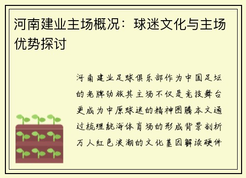 河南建业主场概况：球迷文化与主场优势探讨