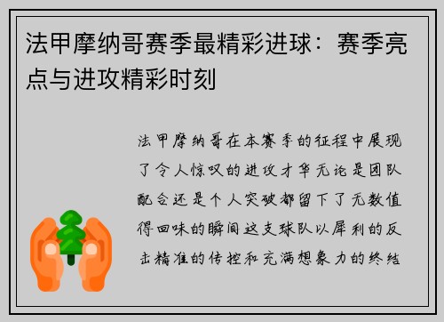 法甲摩纳哥赛季最精彩进球：赛季亮点与进攻精彩时刻